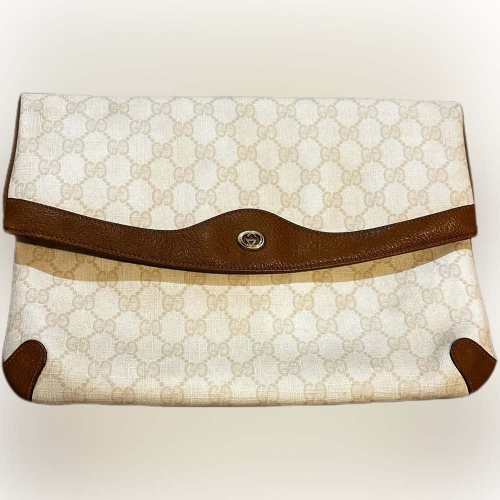 Gucci Beige Monogram Canvas Clutch with Brown Leather Trim